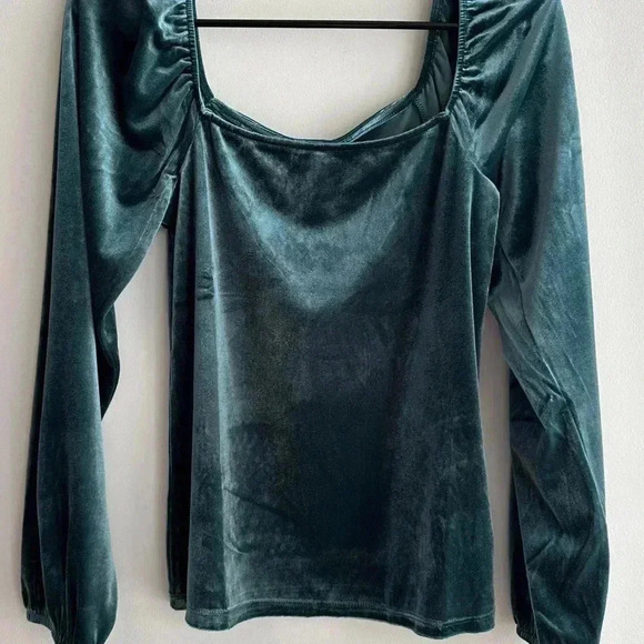 GAP Velvet Square Neck Puff Sleeve Blouse, Teal, Size Small - Picture 4 of 16